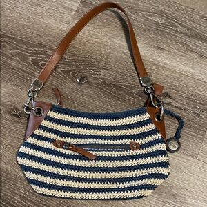 The Sak Indio Purse Crochet Leather Strap Hobo Shoulder Bag Cream & Blue
